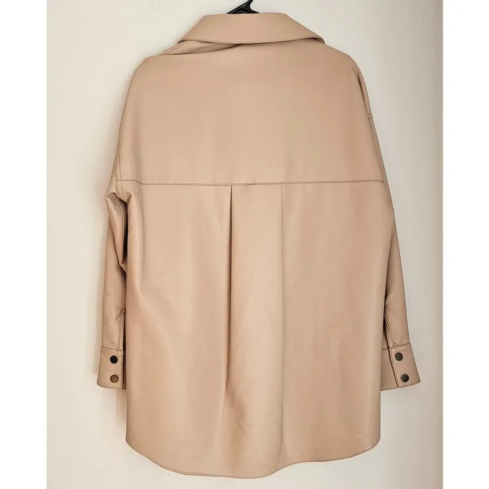 BCBGMAXAZRIA Faux-Leather Shirt Jacket Tan Oversized Fit Womens Sz S